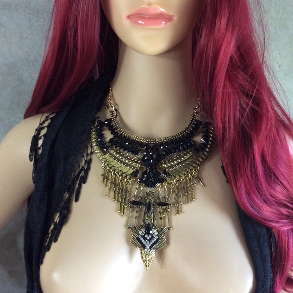 🍒GOLD BLACK ONYX BIB LARGE CHUNKY NECKLACE BOHO - Picture 5 of 6